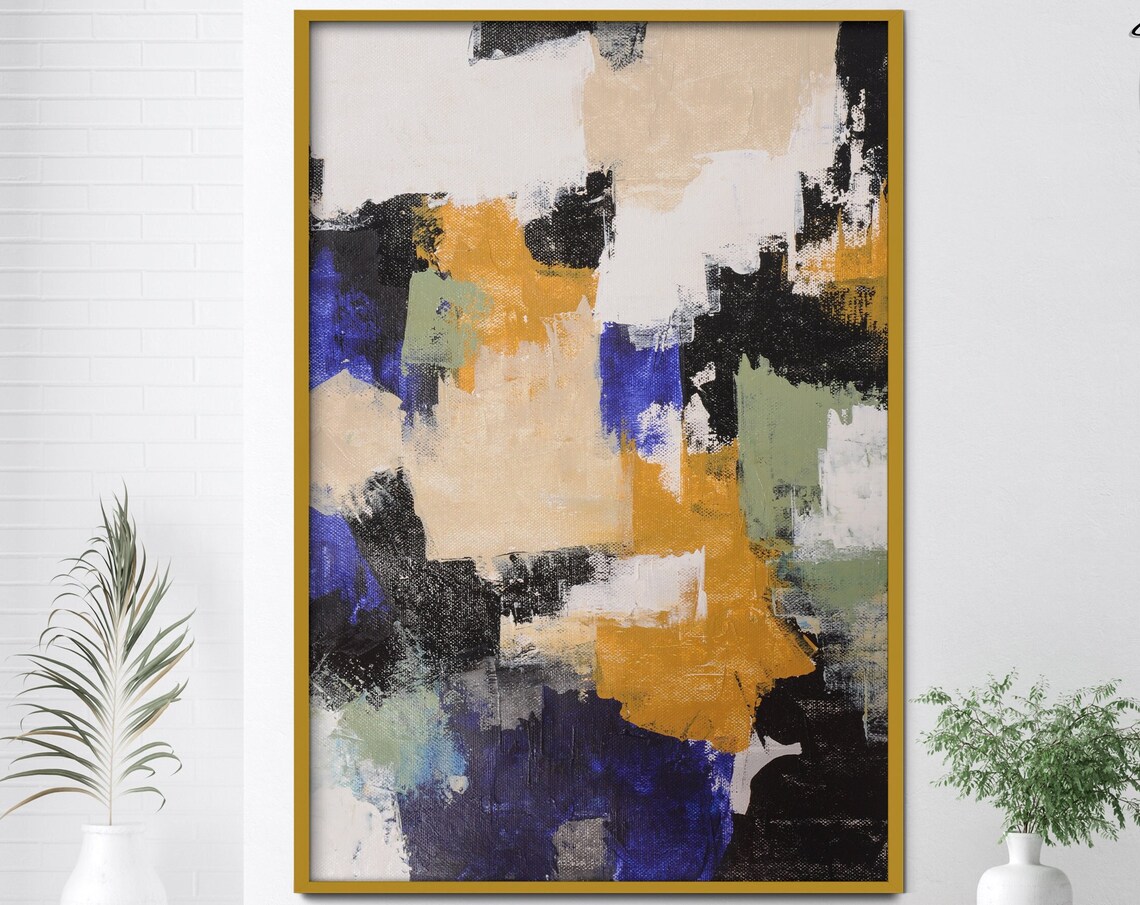 Ochre Black Blue Geometric Blocks Abstract Painting Modern Wall Poster