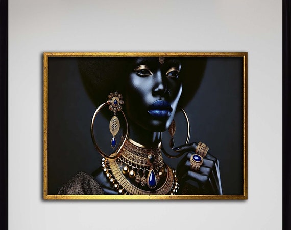 Canvas Print Royal Blue Glamour Woman Canvasblack And Gold Artelegant Afrocentric Wall Luxury Jewelry Decor Ready To Hang