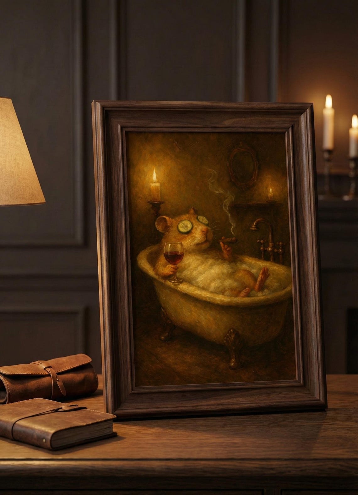 Hamster Bubble Bath Spa Night Wine Oil Painting Whimsical Poster