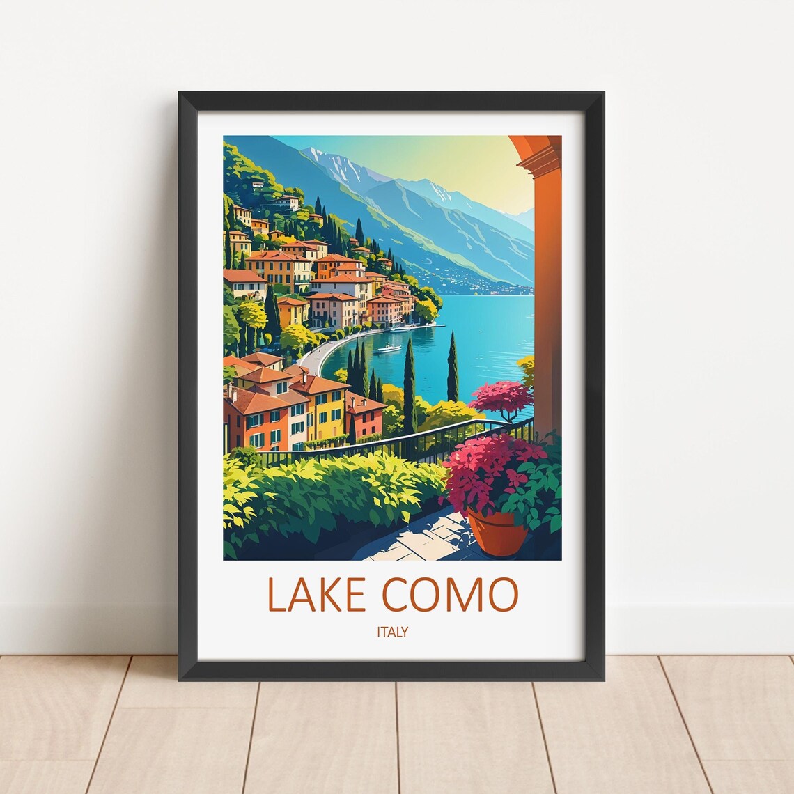 Lake Como Italy Lakeside Town Terrace Archway Vintage Travel Poster