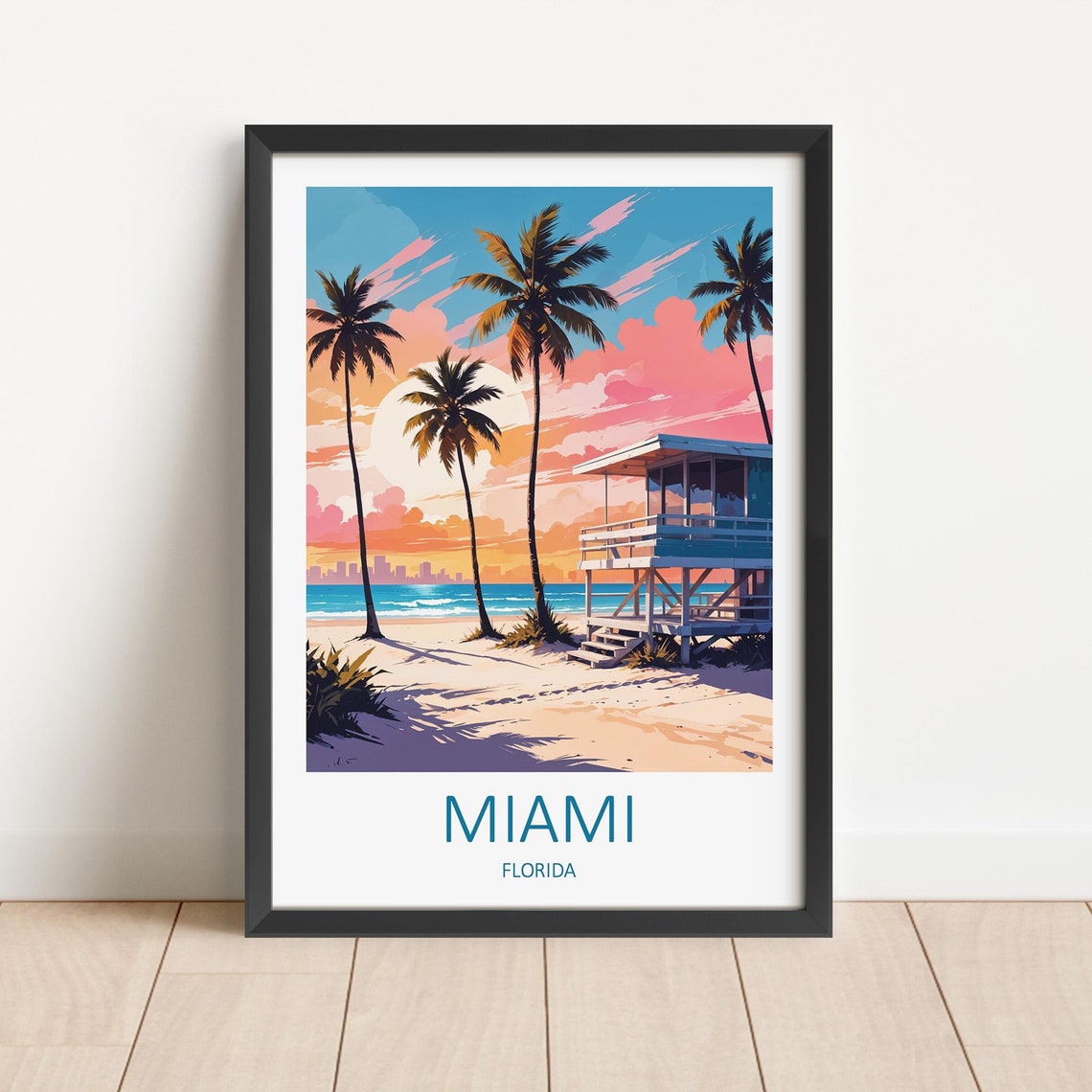 Miami Florida Lifeguard Tower Beach Sunset With Palm Trees Poster