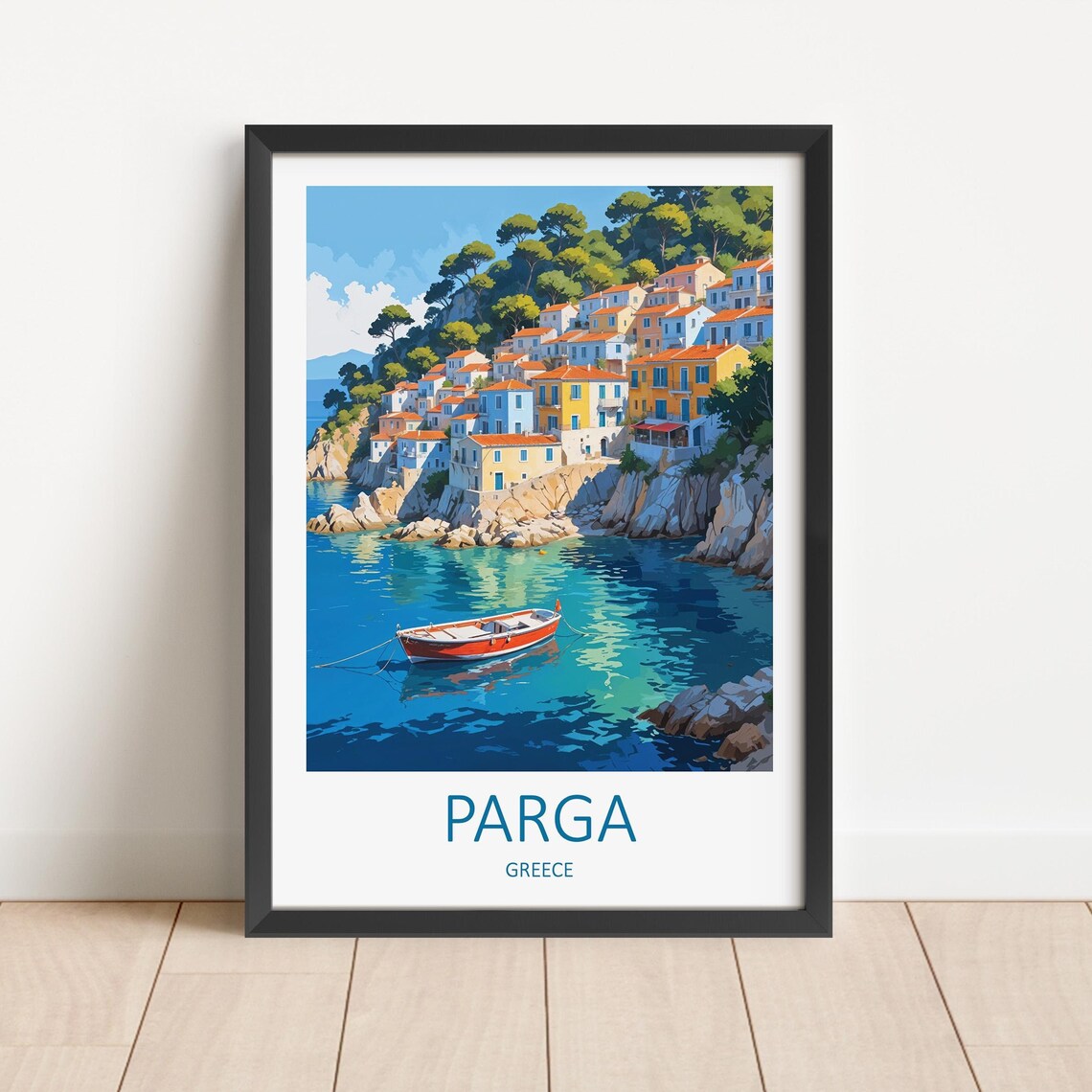 Parga Greece Hillside Bay Village Harbor Boat Vintage Travel Poster