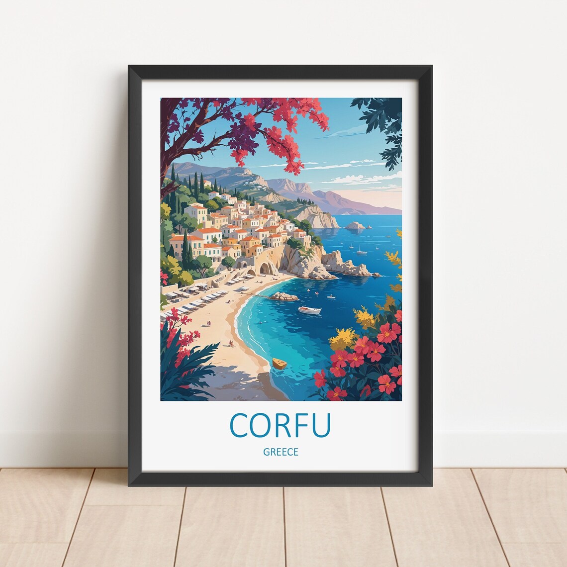 Corfu Greece Scenic Coastal Town With Flowering Bay View Poster