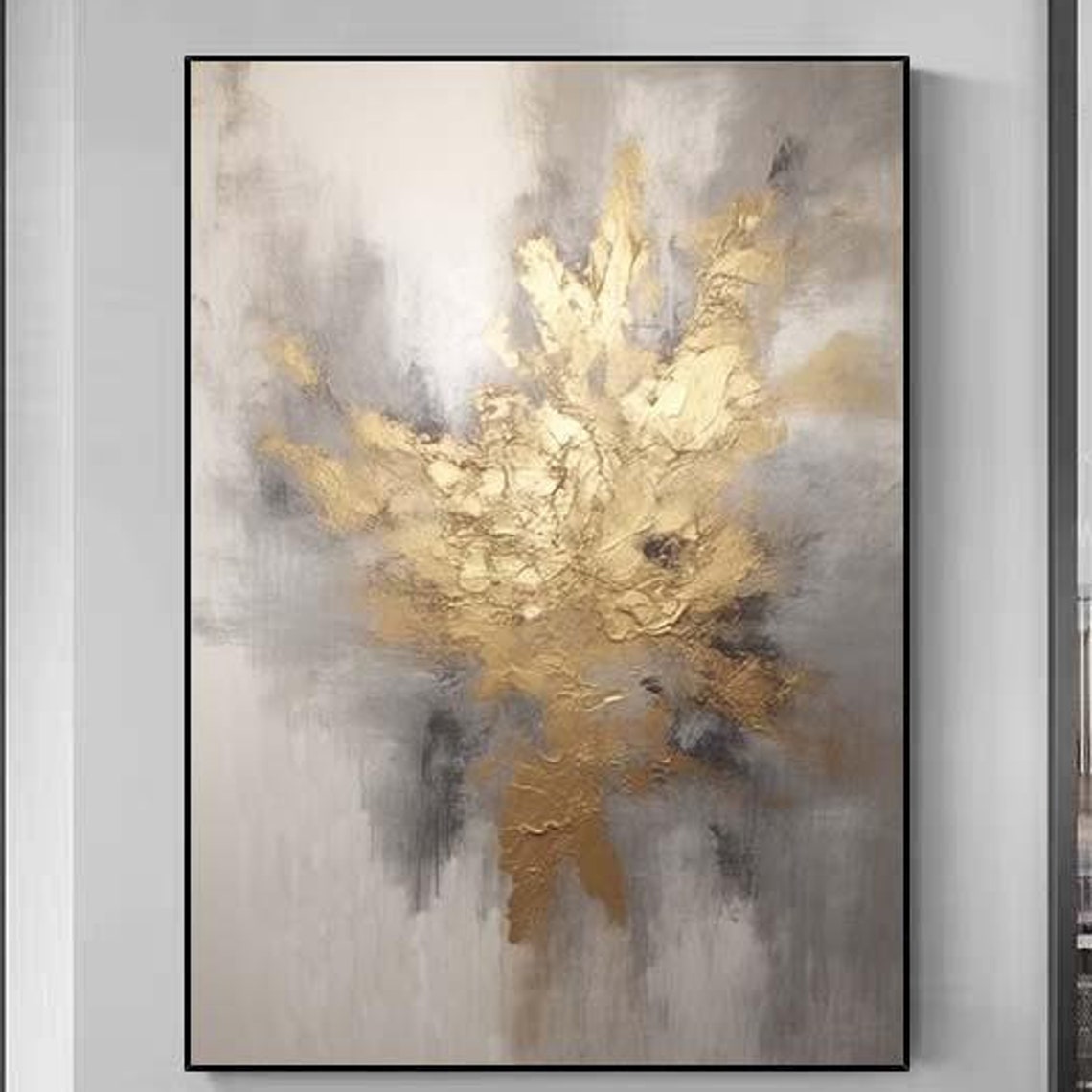 Gold Cloudburst on Grey White Abstract Elegant Painting Poster