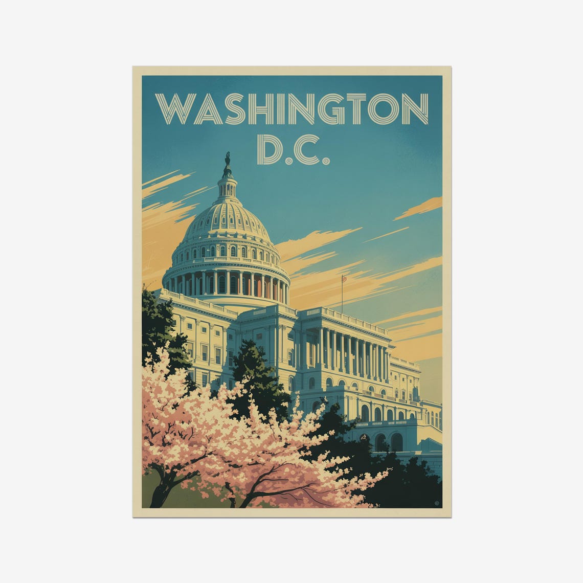 Washington DC US Capitol Cherry Blossoms Retro Travel Poster