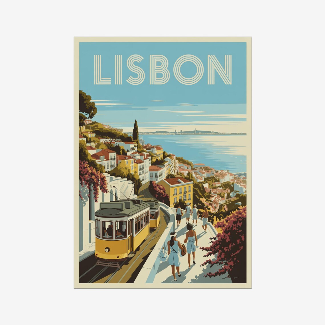 Lisbon Portugal Yellow Tram River View Hillside Retro Travel Poster