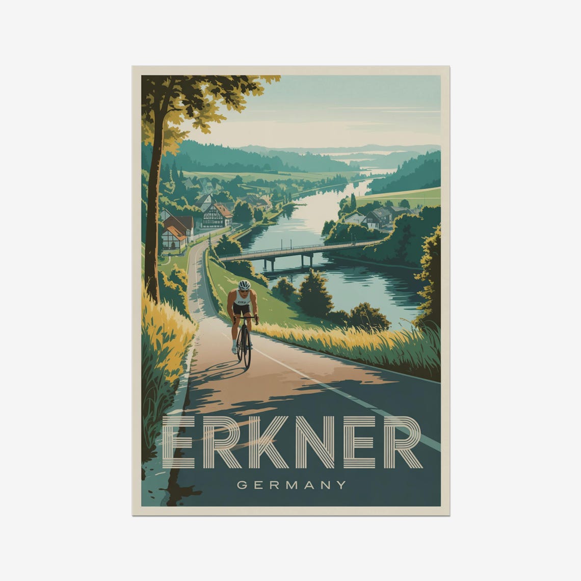 Erkner Germany River Valley Cyclist Village Bridge Sports Poster