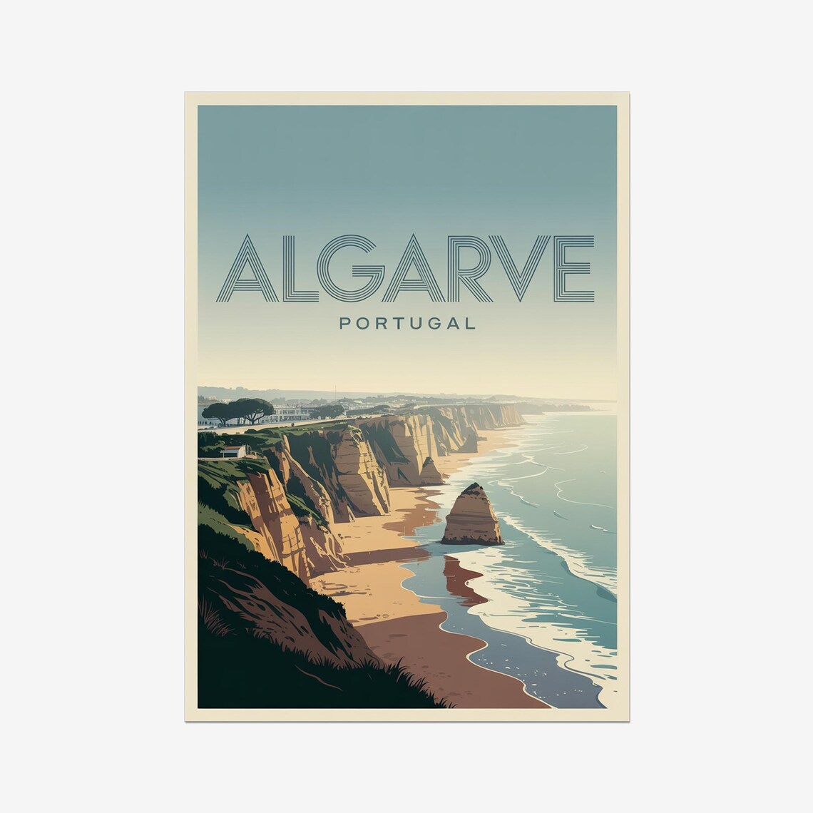 Algarve Portugal Golden Cliffs Beach Coast Vintage Travel Poster