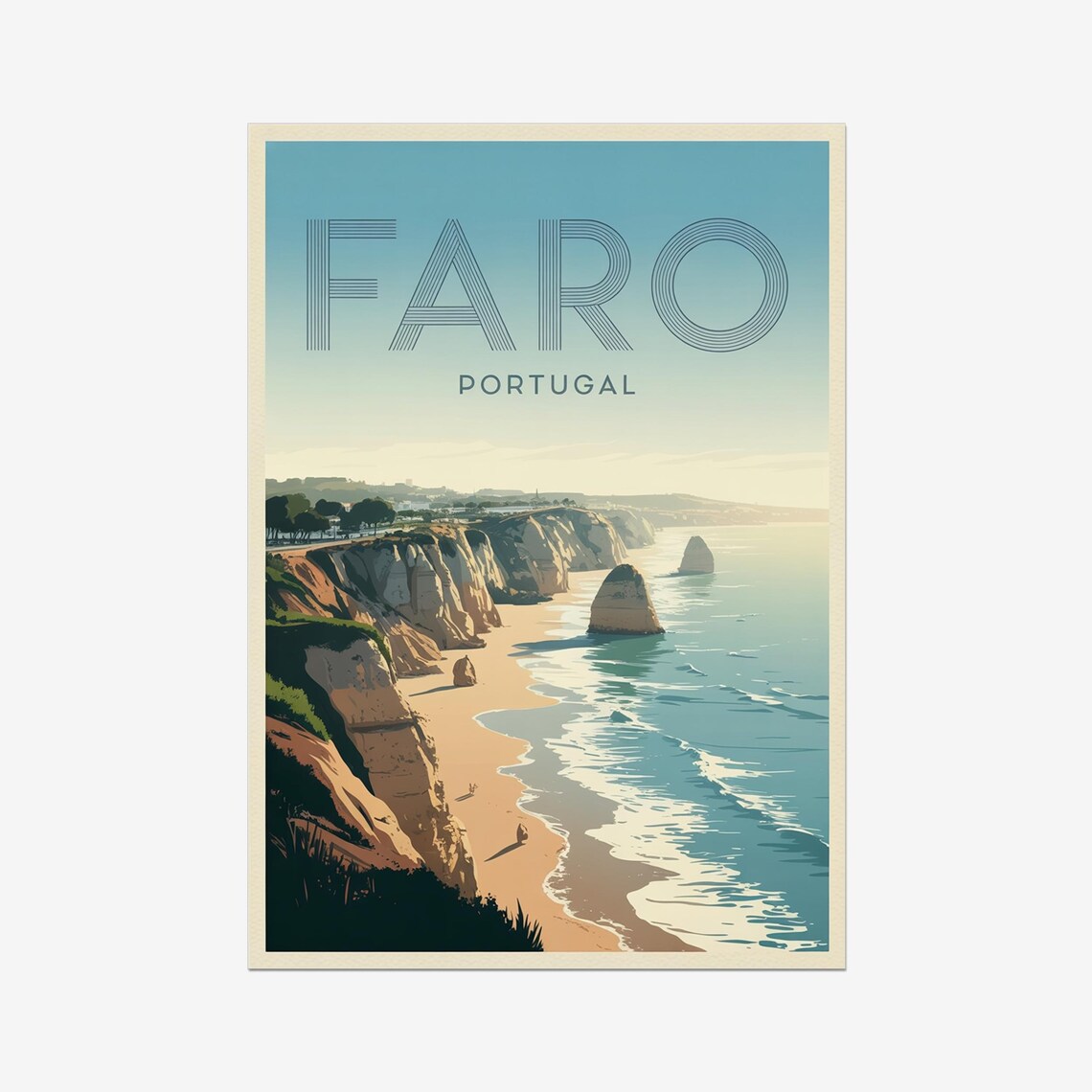 Faro Portugal Vintage Travel Poster Algarve Sea Cliffs Beach Art
