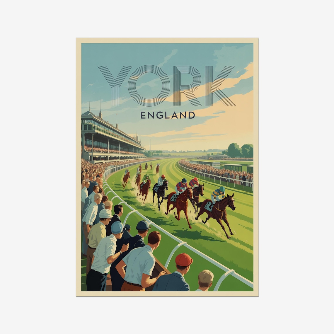 York England Vintage Horse Racing Grandstand Crowd Retro Poster