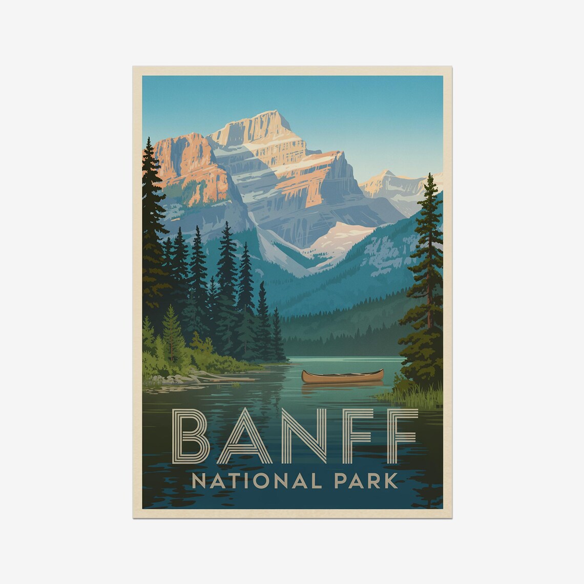 Banff National Park Canoe Lake Mountain Pines Vintage Travel Poster