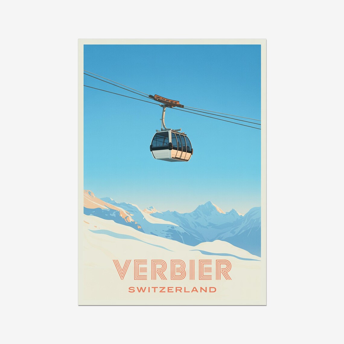 Verbier Switzerland Gondola Above Snow Peaks Vintage Travel Poster