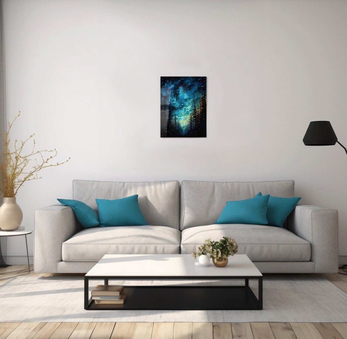 Starry Night Sky Pine Forest Teal Watercolor Cosmic Woodland Art Poster - Image 2