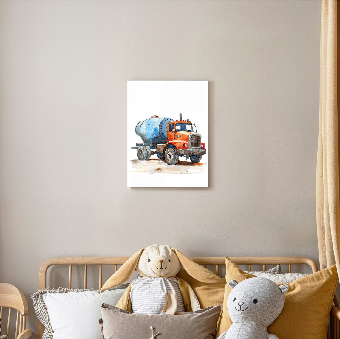 Concrete Mixer Truck Watercolor Orange Cab Blue Drum Vehicle Poster - Image 2