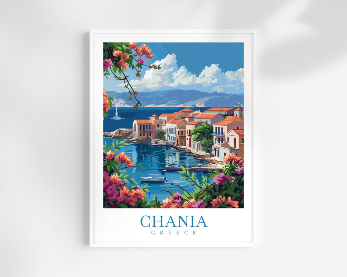 Chania Greece Colorful Harbor Boats Floral Seaside Town Poster