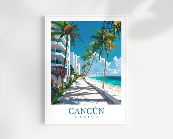 Cancun Mexico Palm Lined Beach Walkway Resort Vintage Travel Poster