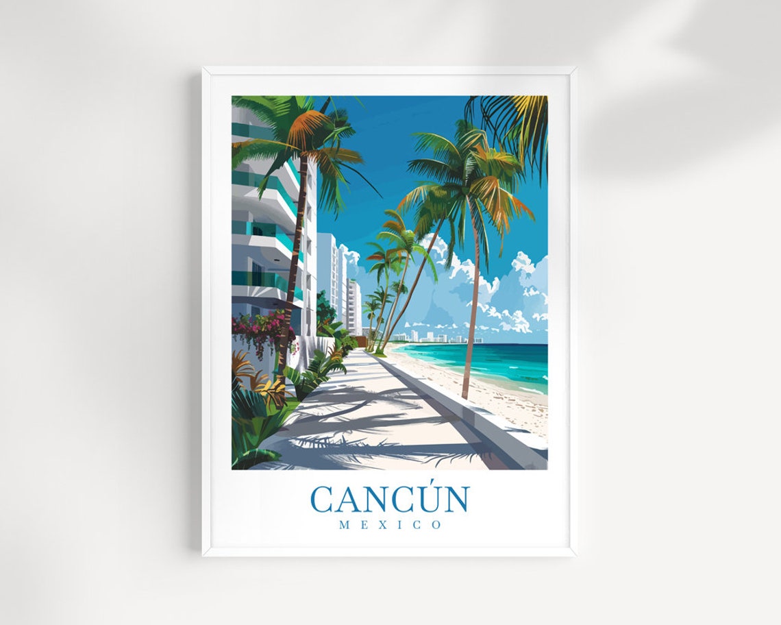 Cancun Mexico Palm Lined Beach Walkway Resort Vintage Travel Poster