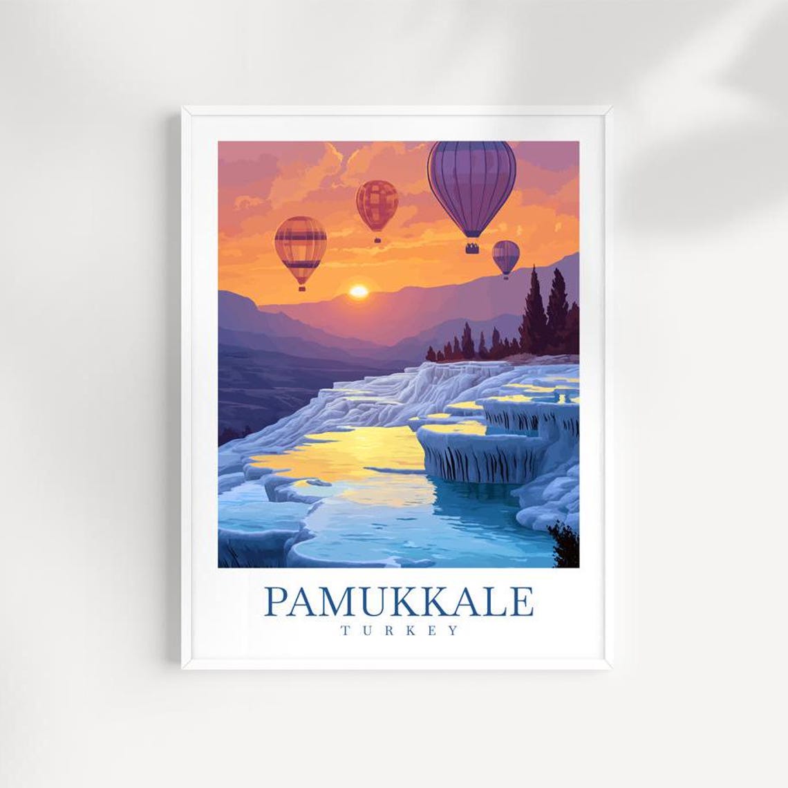 Pamukkale Turkey Travel Poster Thermal Terraces Balloons Sunset Art