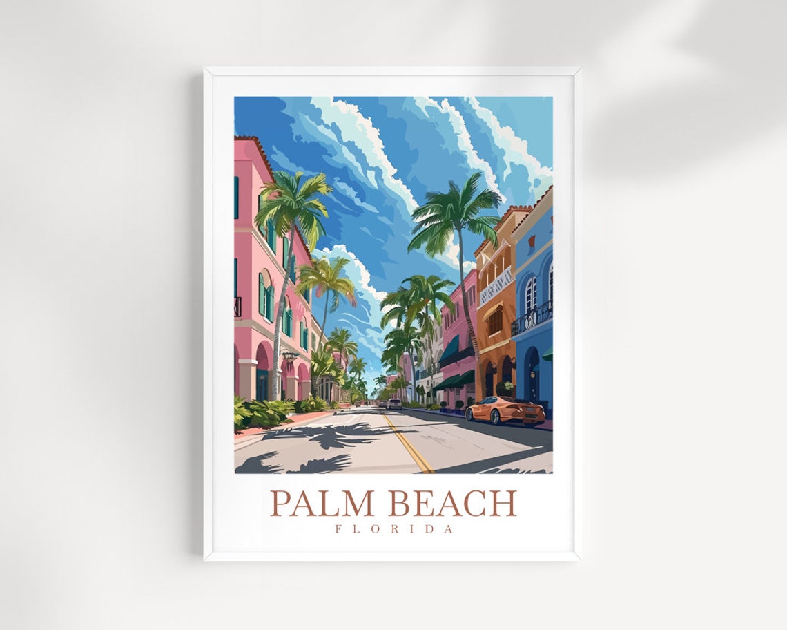 Palm Beach Florida Palm Lined Avenue Pink Buildings Vintage Poster
