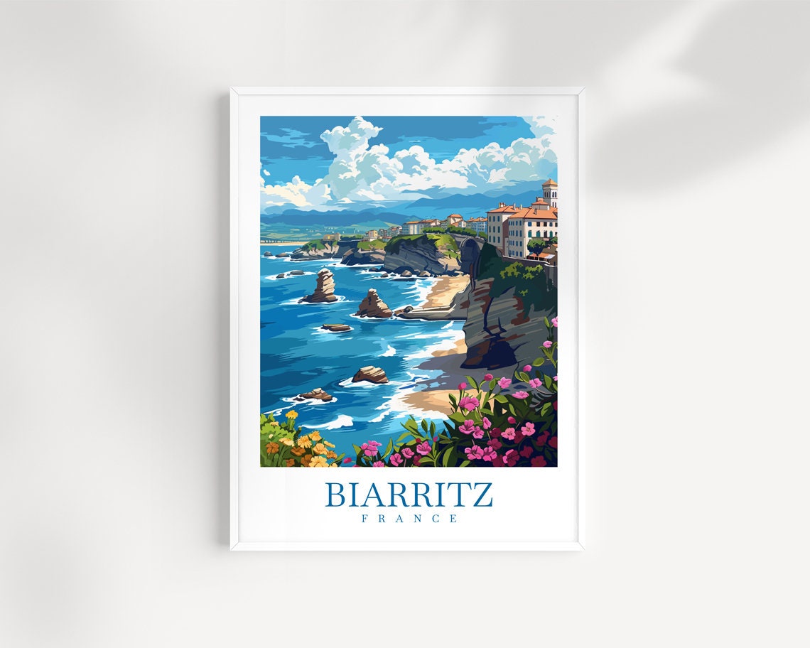 Biarritz France Coastal Cliffs Seaside Town Sunset Travel Poster
