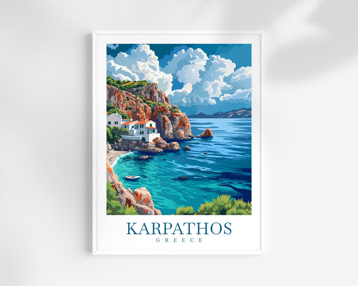 Karpathos Greece Red Cliff Bay And Village Scene Travel Poster