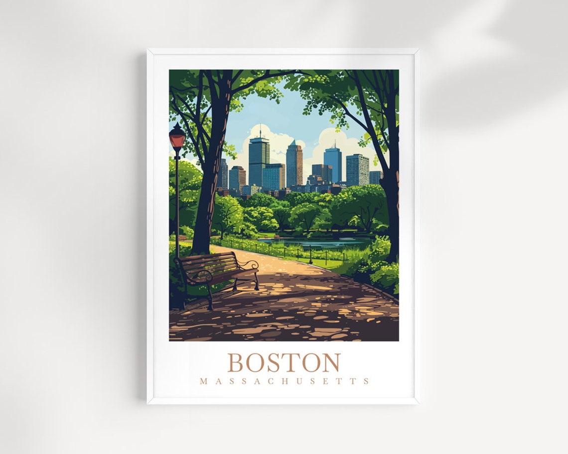 Boston Massachusetts City Park Path Bench Skyline View Poster