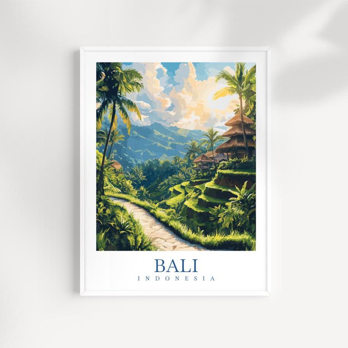 Bali Indonesia Rice Terraces Palm Temple Travel Illustration Poster