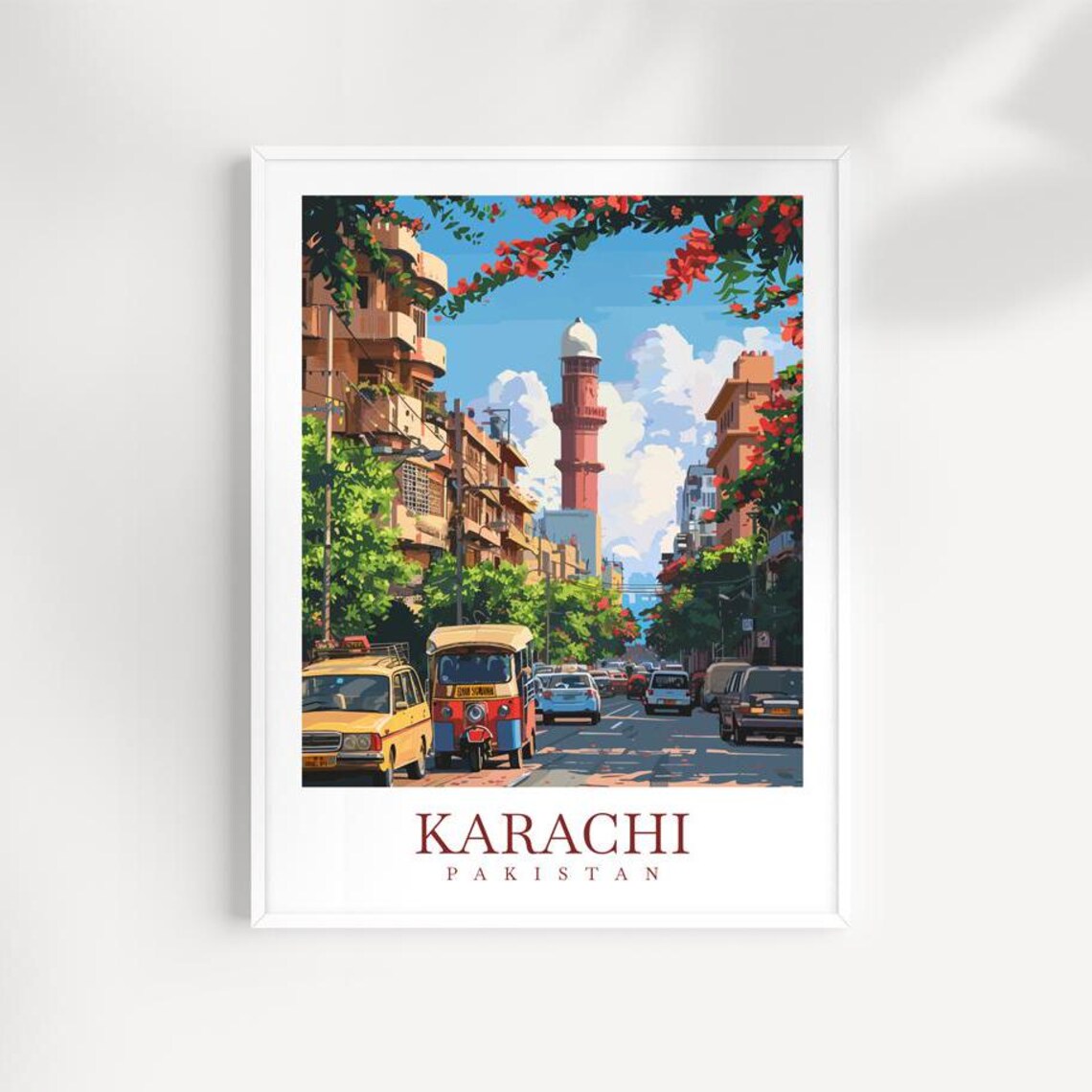 Karachi Pakistan Street Scene Mosque Vintage Travel Art Poster