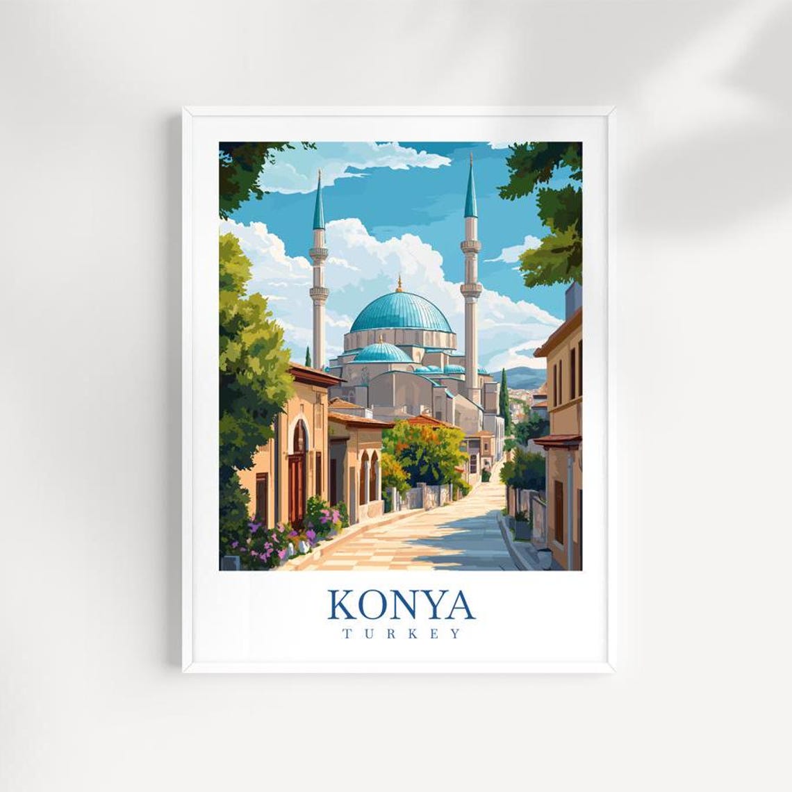 Konya Turkey Blue Domed Mosque Minarets Cityscape Travel Wall Poster