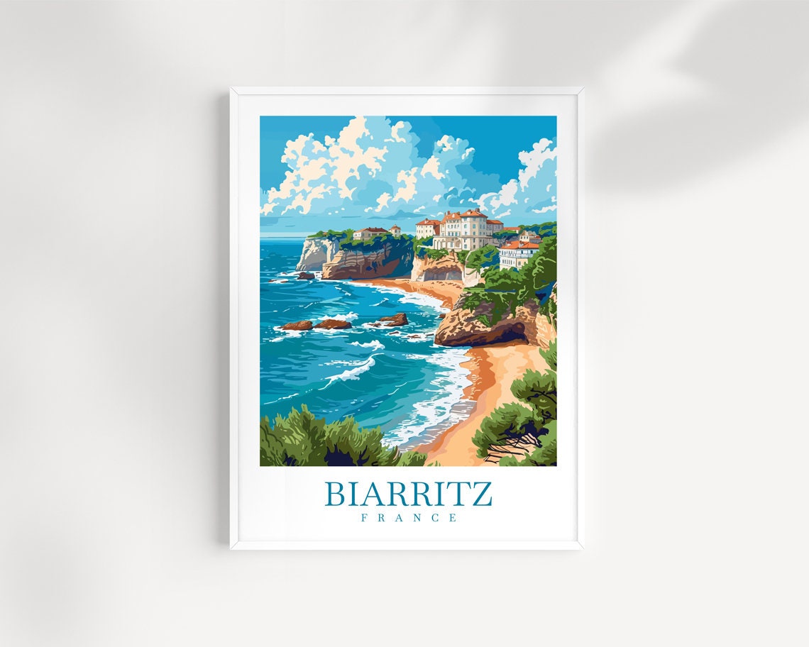 Biarritz France Coastal Cliffs Beach Waves Vintage Travel Art Poster