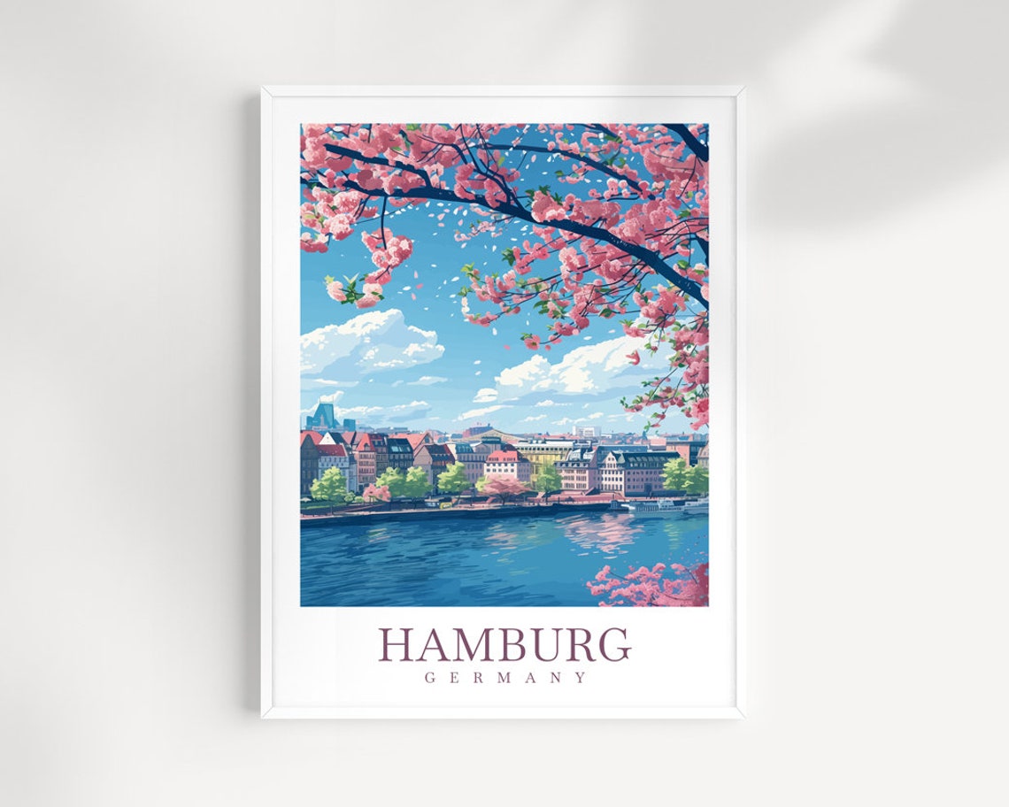 Hamburg Germany Spring Cherry Blossom Waterfront Art Poster Gift