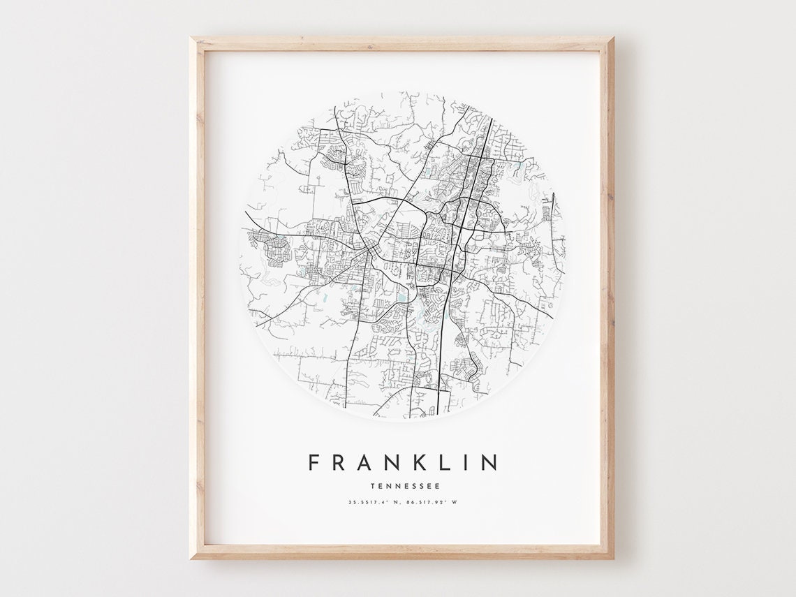Franklin Tennessee City Street Map Minimalist Black White Poster