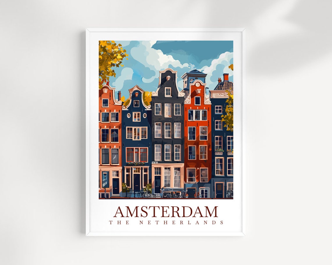 Amsterdam Netherlands Canal Houses Bicycles Vintage Travel Poster
