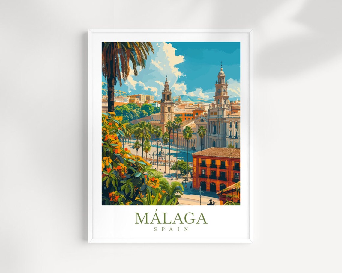 Malaga Spain Historic Cathedral Towers Plaza Travel Scene Poster