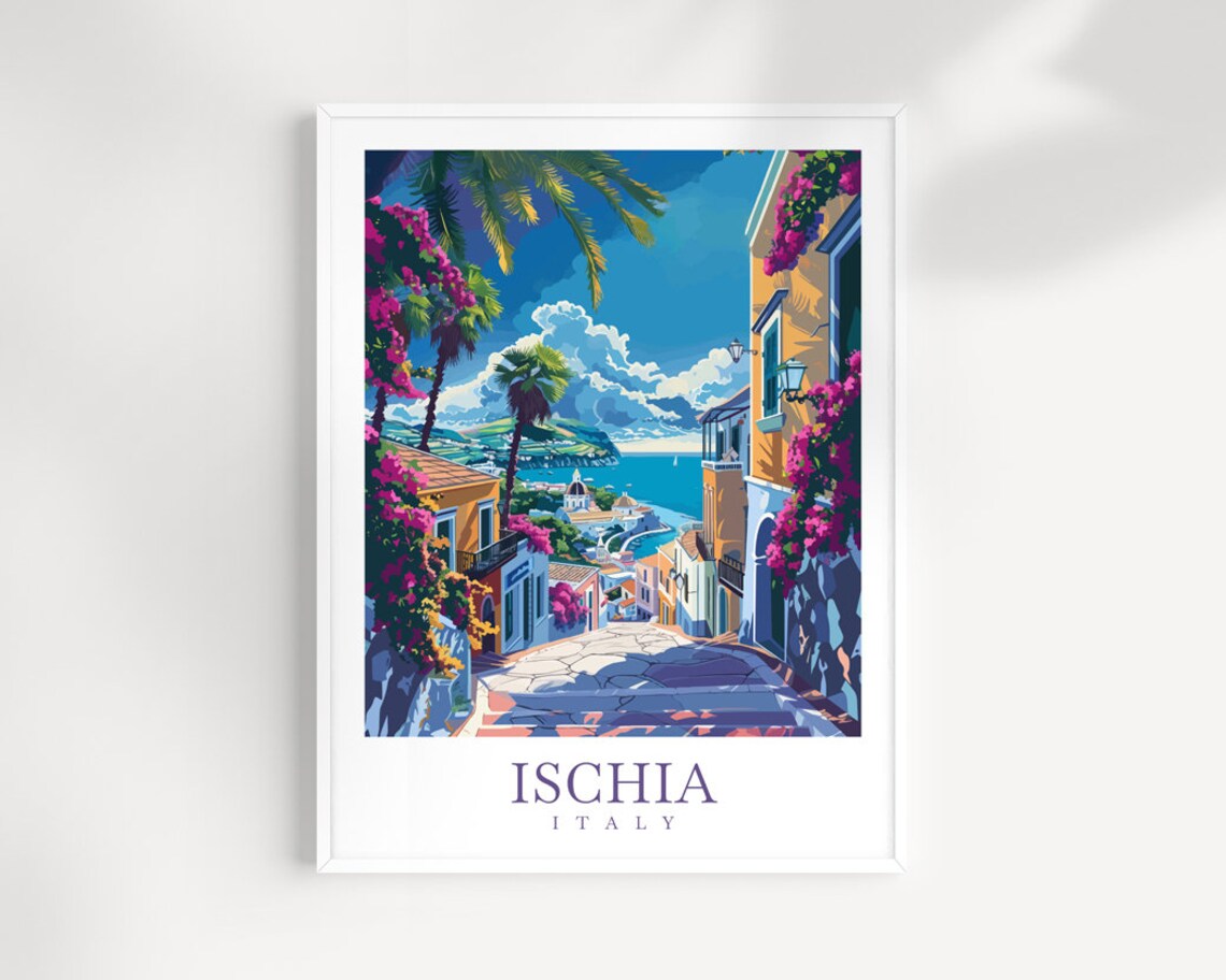Ischia Italy Bougainvillea Lane Old Town Street Sea View Travel Poster