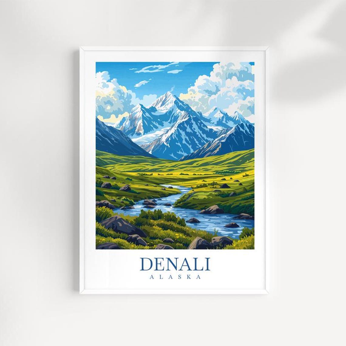 Denali Alaska Snowcapped Peak Illustrated Green Valley Travel Poster