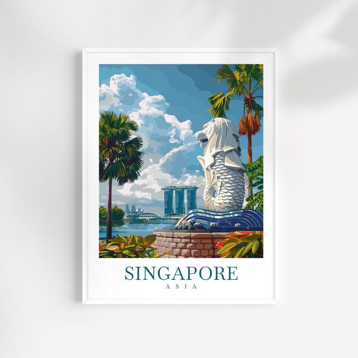 Singapore Asia Merlion Palm Trees Waterfront Iconic Scene Poster