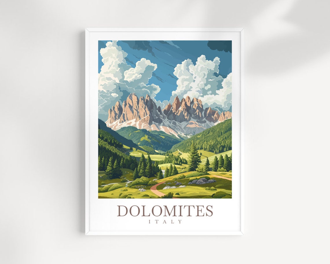 Dolomites Italy Jagged Mountain Peaks Over Green Alpine Valley Poster