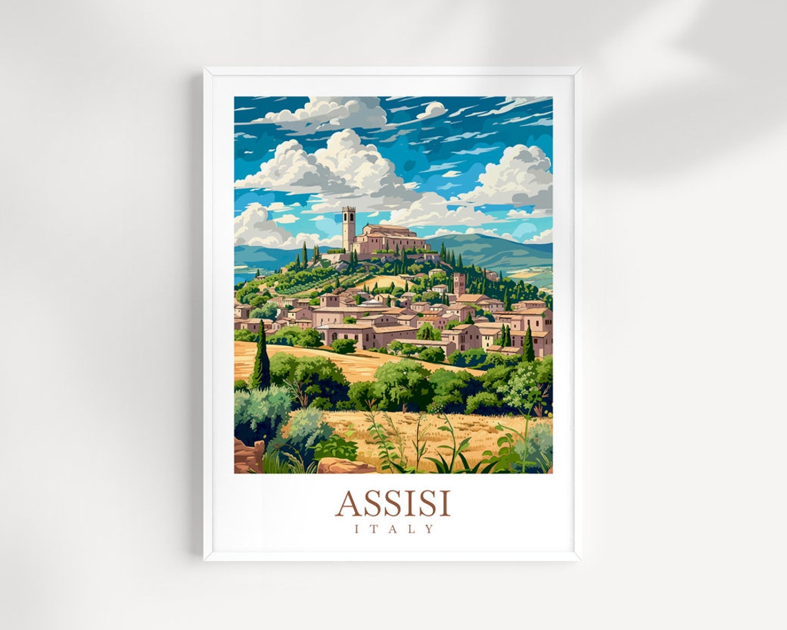 Assisi Italy Hilltop Basilica Cypress Golden Umbria Travel Poster