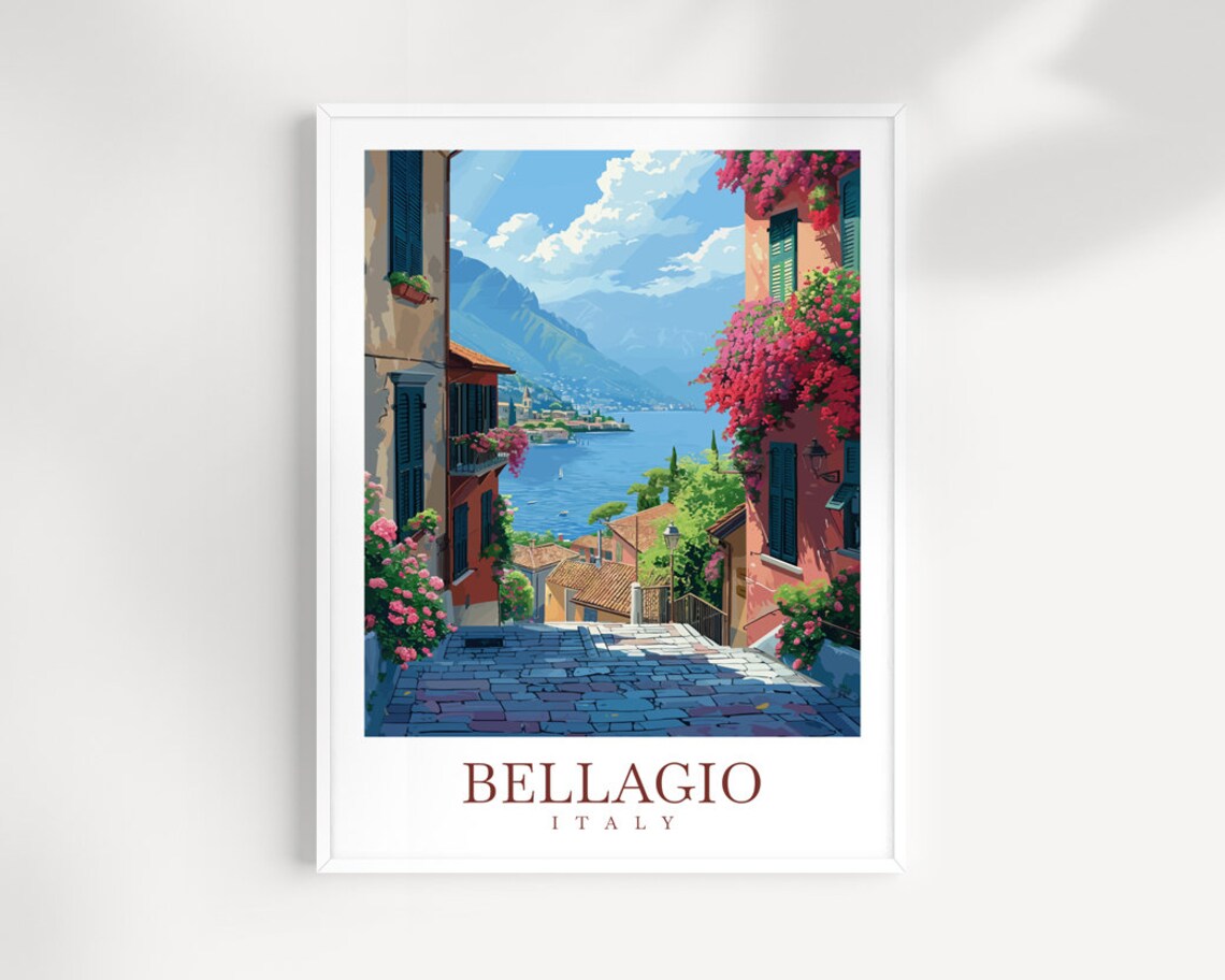 Bellagio Italy Cobbled Street Bougainvillea Lake View Travel Poster