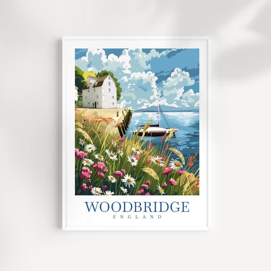 Woodbridge England Riverside Sailboat Wildflower Illustrated Poster