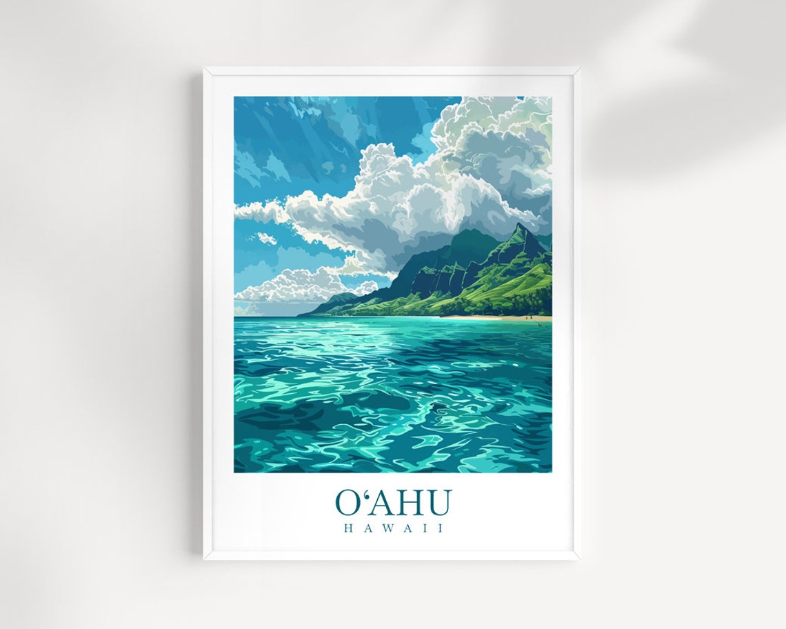 Oahu Hawaii Turquoise Ocean Green Mountain Scenic Coast Poster