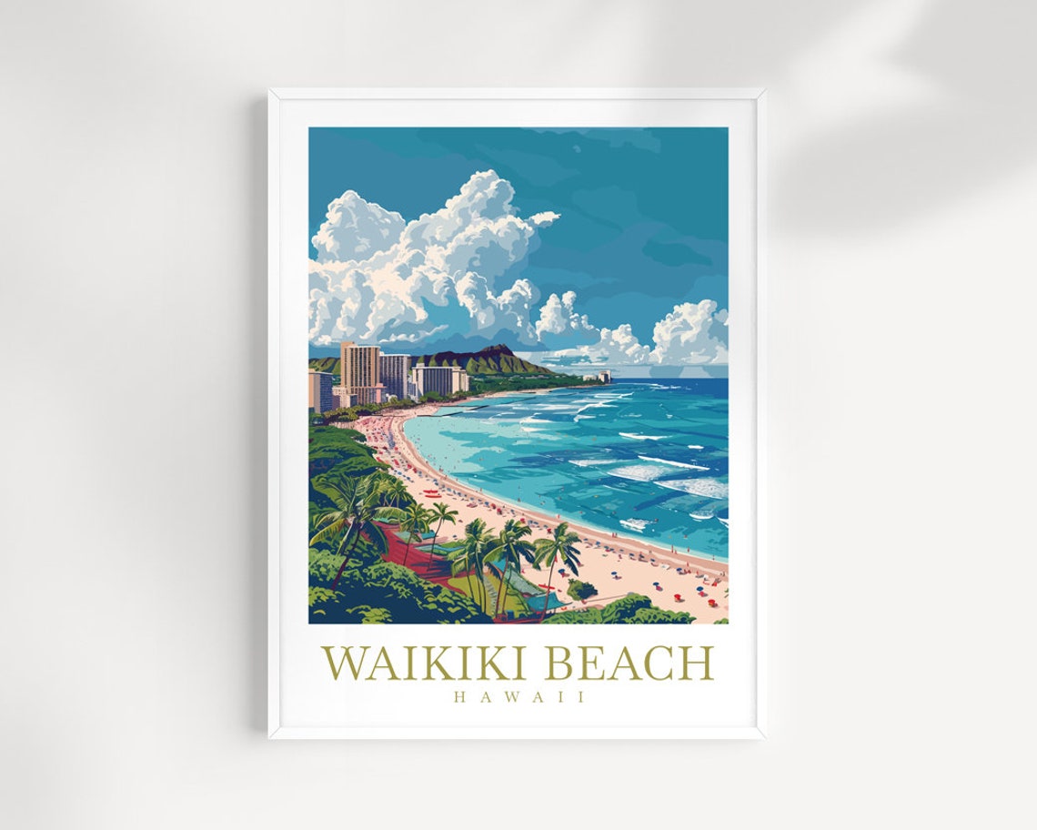 Waikiki Beach Hawaii Diamond Head Aerial Coastal Vintage Poster