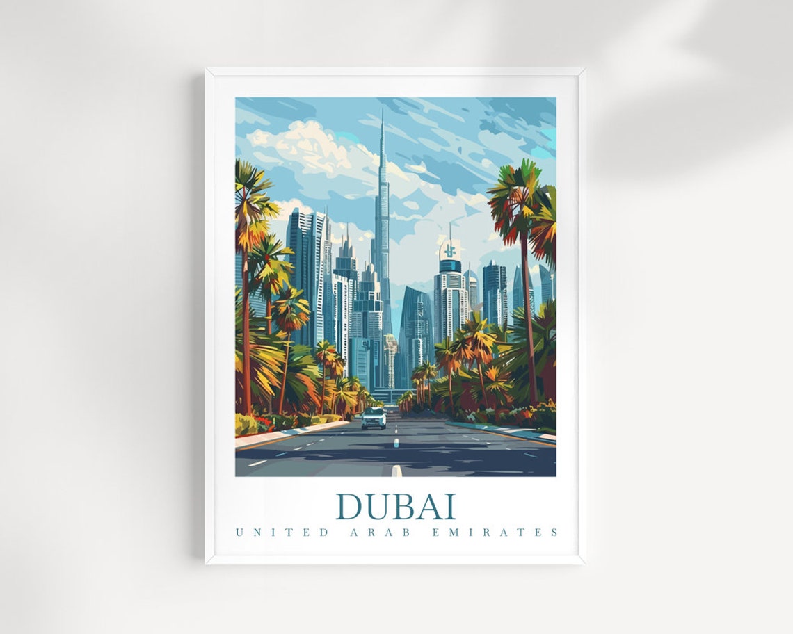 Dubai United Arab Emirates Palm Lined Boulevard Skyline Travel Poster