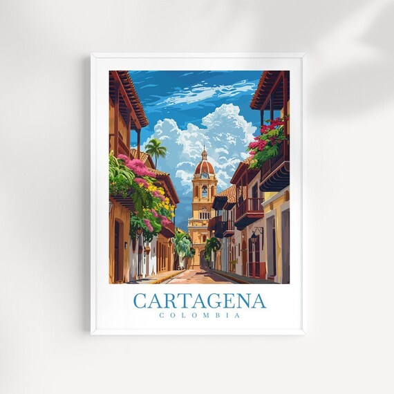Cartagena Colombia Old Town Colonial Street Church Tower Travel Poster