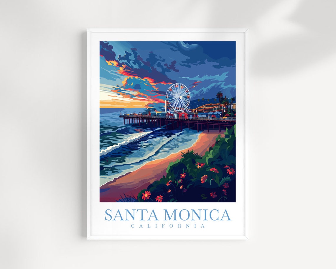 Santa Monica California Sunset Pier Ferris Wheel Ocean Art Poster
