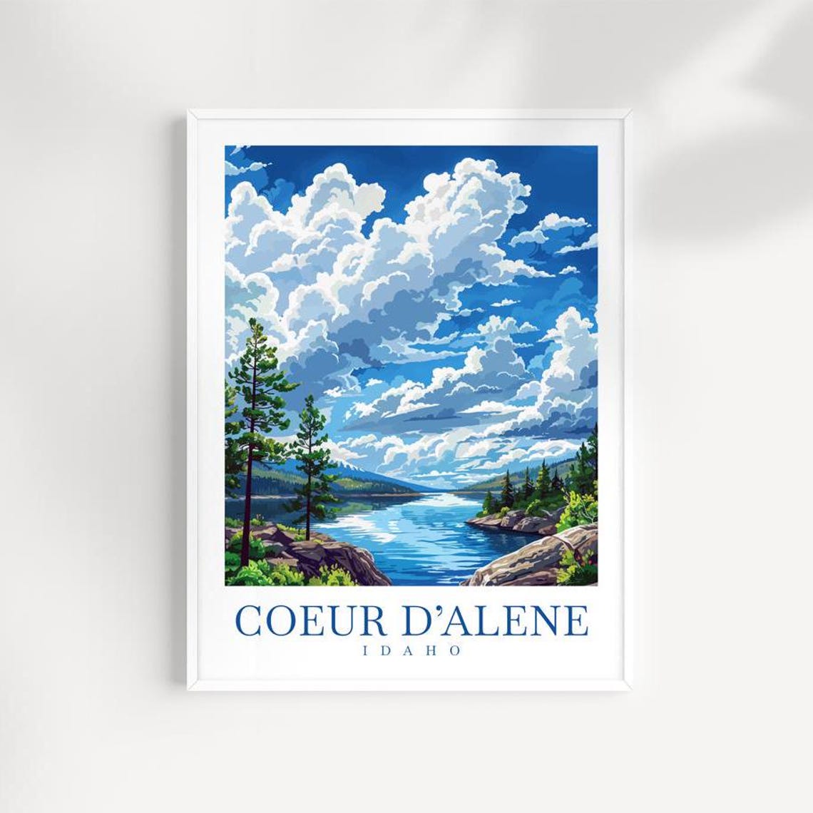 Coeur D'Alene Idaho Lake Poster Pine Forest Shoreline Cloudy Sky