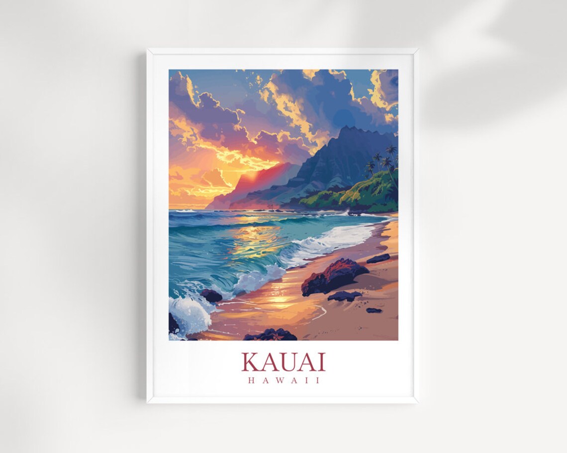 Kauai Hawaii Golden Sunset Beach Cliffs Vintage Travel Poster