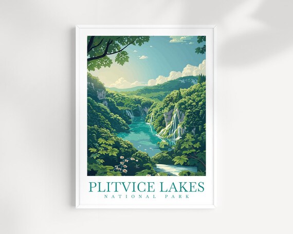Plitvice Lakes National Park Waterfalls Forest Vintage Travel Poster