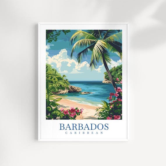Barbados Caribbean Cove Palm Tree Tropical Beach Travel Poster